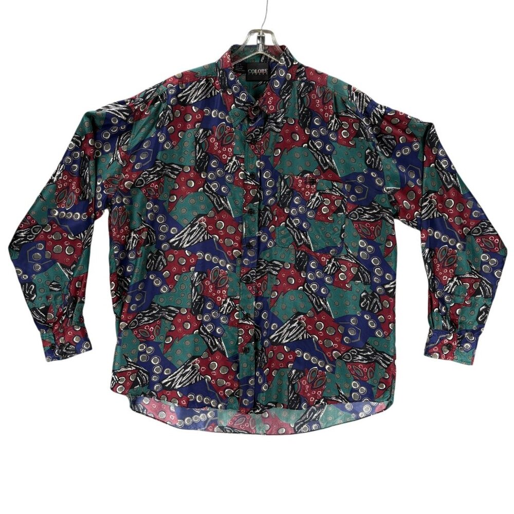Vintage Colore Italia Silk Shirt Men XL Abstract Geometric Print 90s Button Up